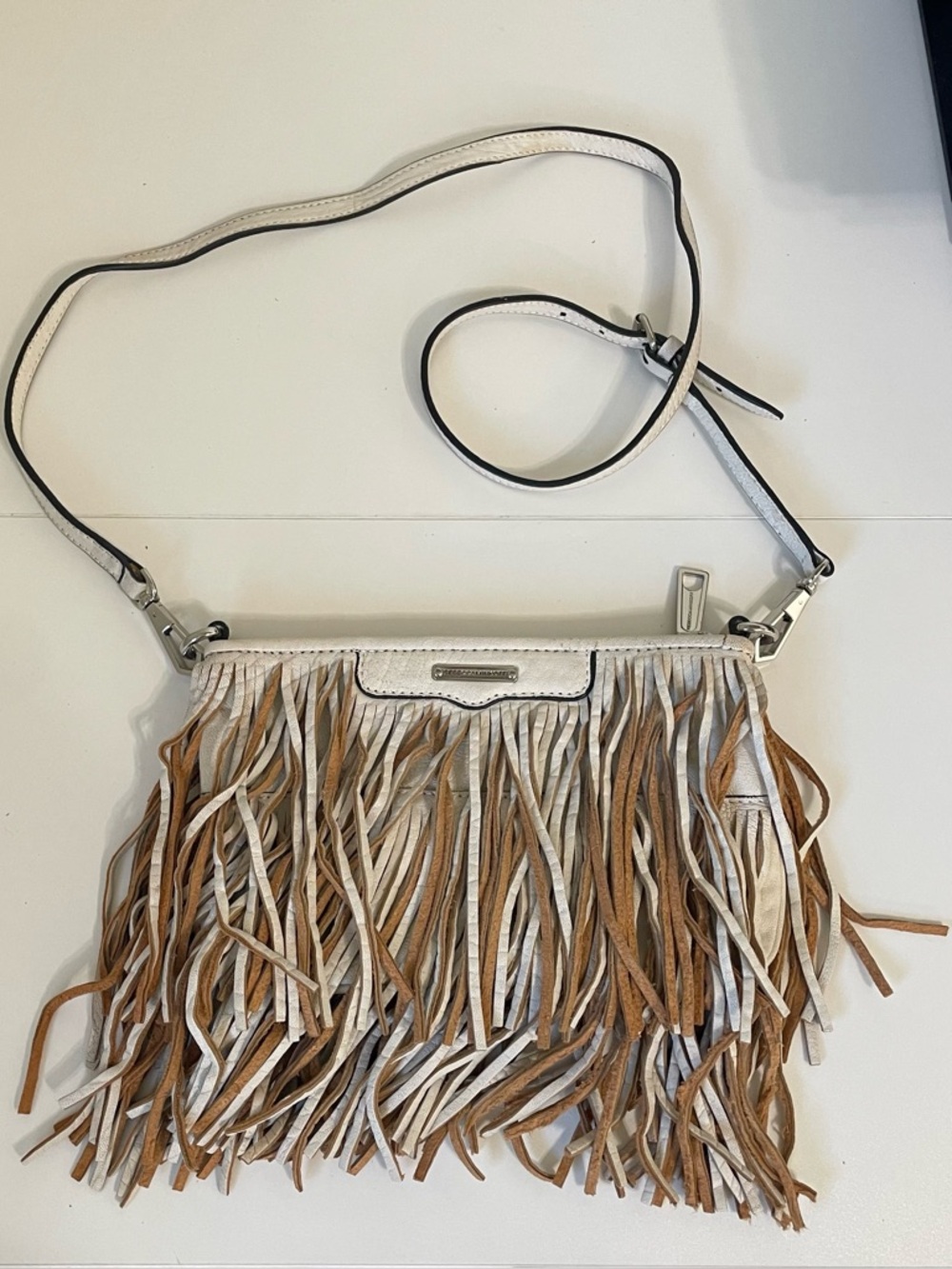 Rebecca Minkoff White and Tan Fringed Crossbody Purse